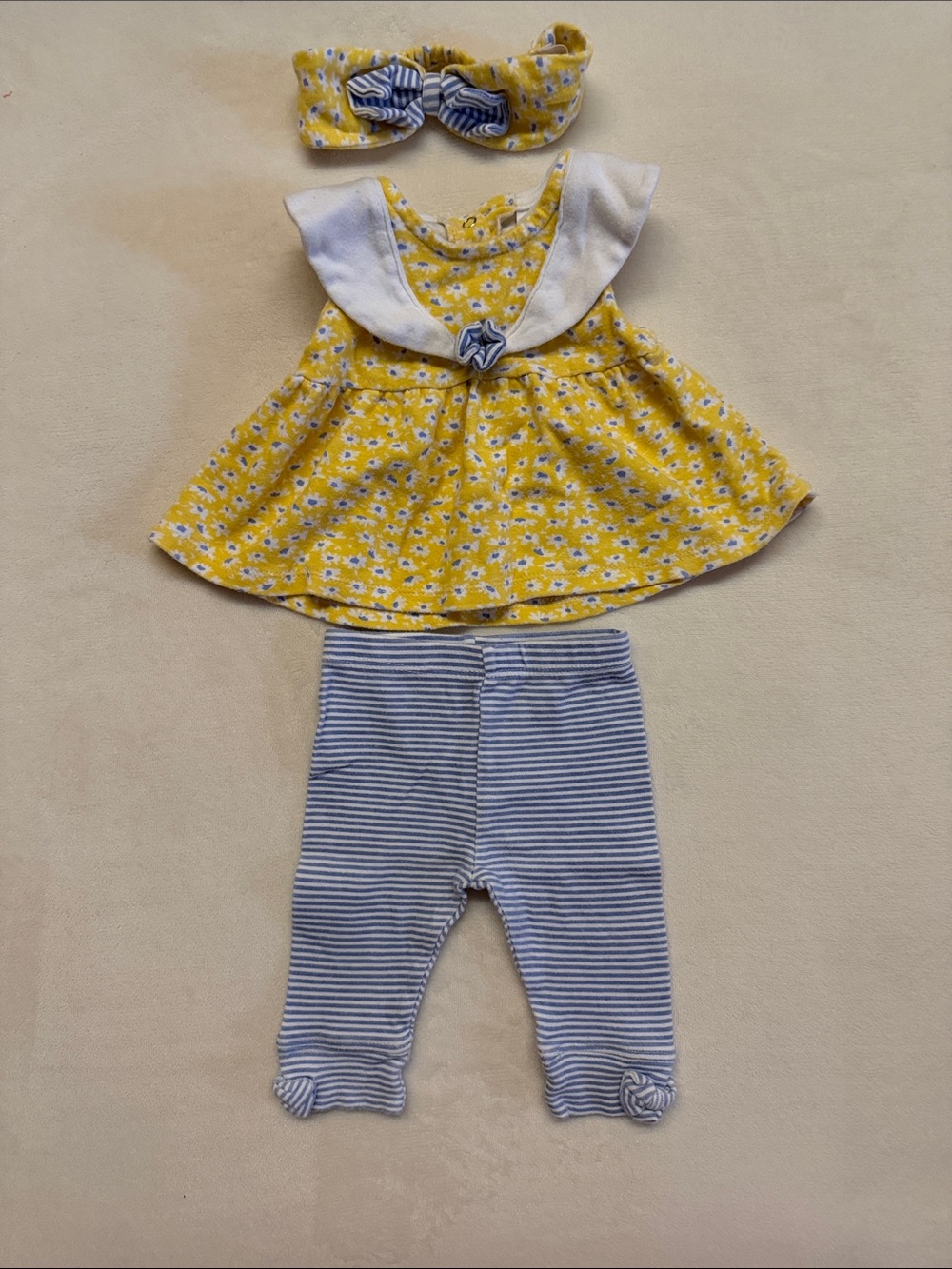 NWOT Laura Ashley Yellow Floral Top with Striped Leggings & Headband